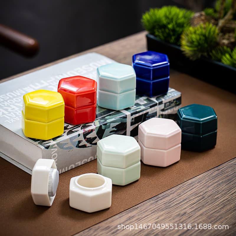 Ceramic Hexagonal Small Tea Caddy, Mini Medicine Jar, Vintage Lipstick Container, Balm Pot, Pill and Powder Canister, Single-Serve Tea Tin