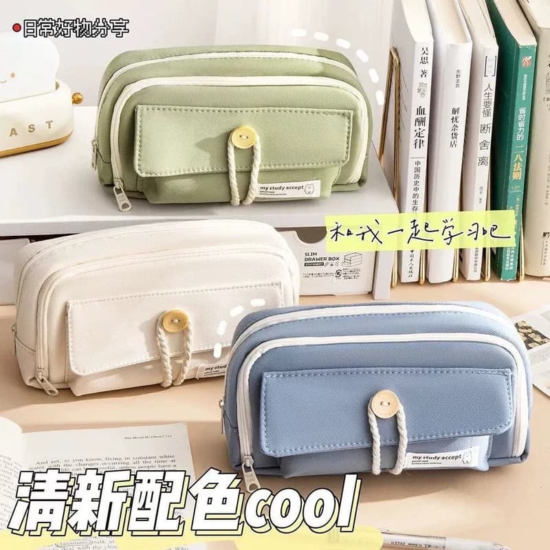 Button Pencil Case High Appearance Large Capacity Simple Ins Style Student Creative Canvas Pencil Bag Stationery Case