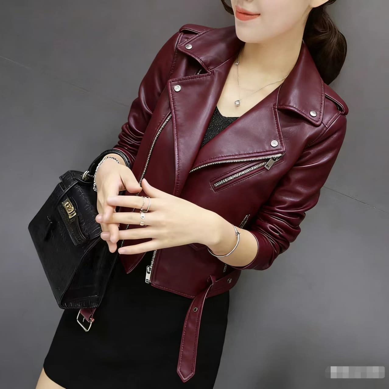 Autumn Fashion Long Sleeve Women's Leather Jacket Elegant Sweet Style Princes Sleeve Belt Detailing See through Trend