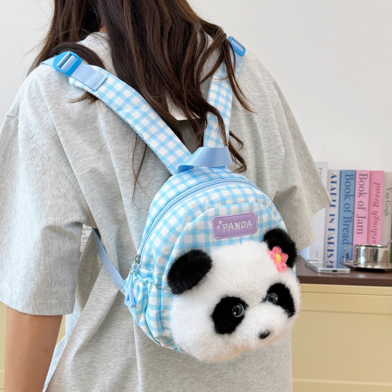 Cute Panda Kids Casual Backpack Plush Cartoon Plaid Panda Small Backpack Kindergarten Fun Backpack