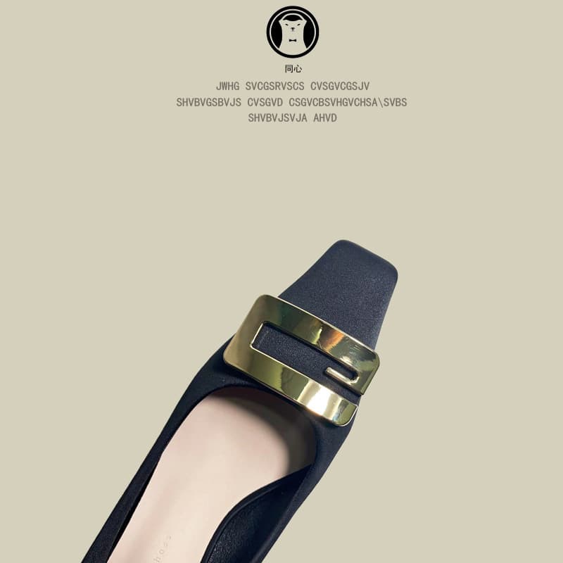 7605-3B French Retro Metal Square Buckle Women's Slip-on Satin High Heels Commuter Shallow Square Toe Chunky Heel Shoes