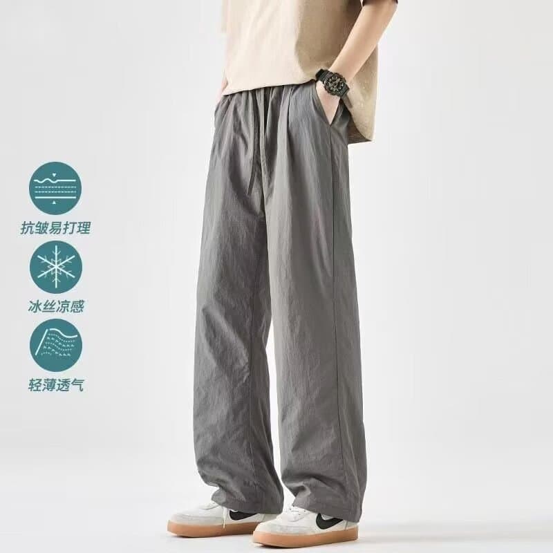 Summer thin ice silk casual pants for men, loose straight casual pants, American retro versatile wide leg pants trend