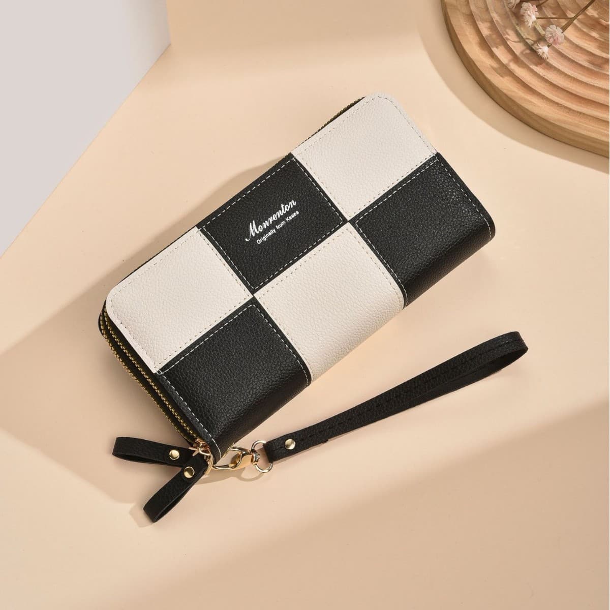 Women's long wallet black and white contrasting checkerboard double zipper clutch commuting large capacity mobile phone bag factory