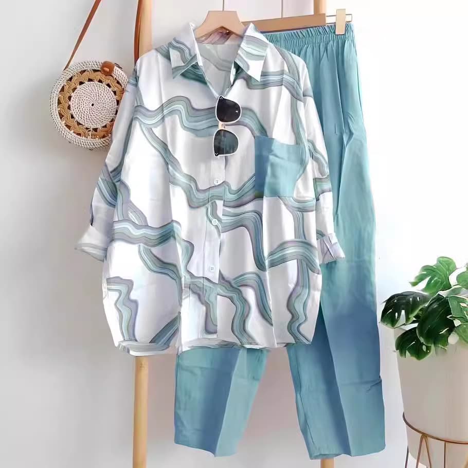 Amazon large size wavy pattern top suit for women with summer fat MM loose long-sleeved shirt and trousers cross-border wholesale