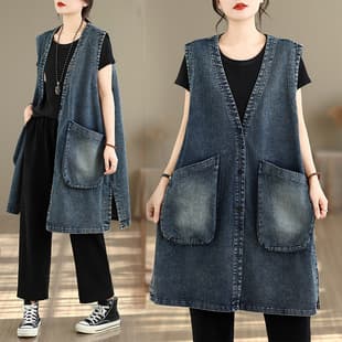 2026 Plus Size Denim Fashion Casual Loose Simple Personality Large Pocket Mid-Length Vest Sleeveless Denim Vest