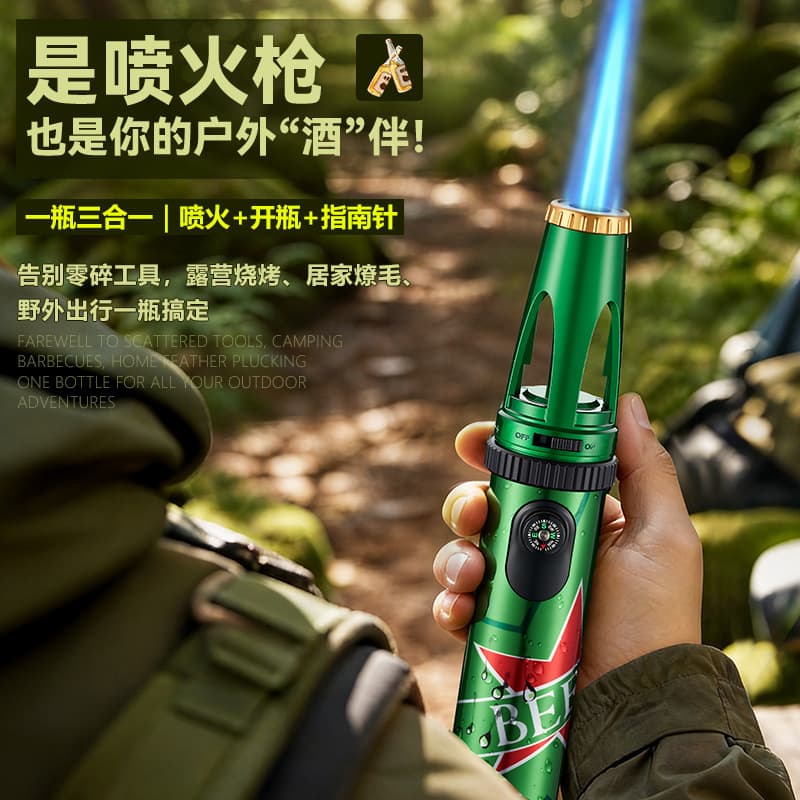 TikTok Hot Wine Bottle Torch High Temperature Blue Flame Refillable Windproof Creative Outdoor Lighter 3-in-1 Finger Bottle Opener