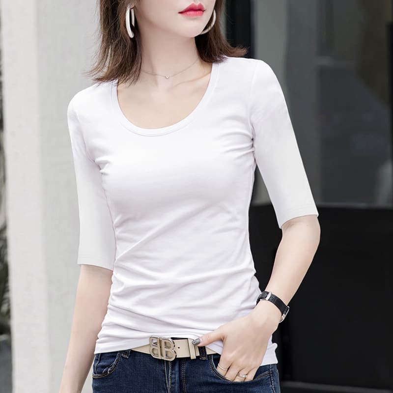 Women's Mid-Sleeve T-Shirt, White Round Neck, Three-Quarter Sleeve Top, 2024 New Women's Base Layer Shirt for Spring & Fall