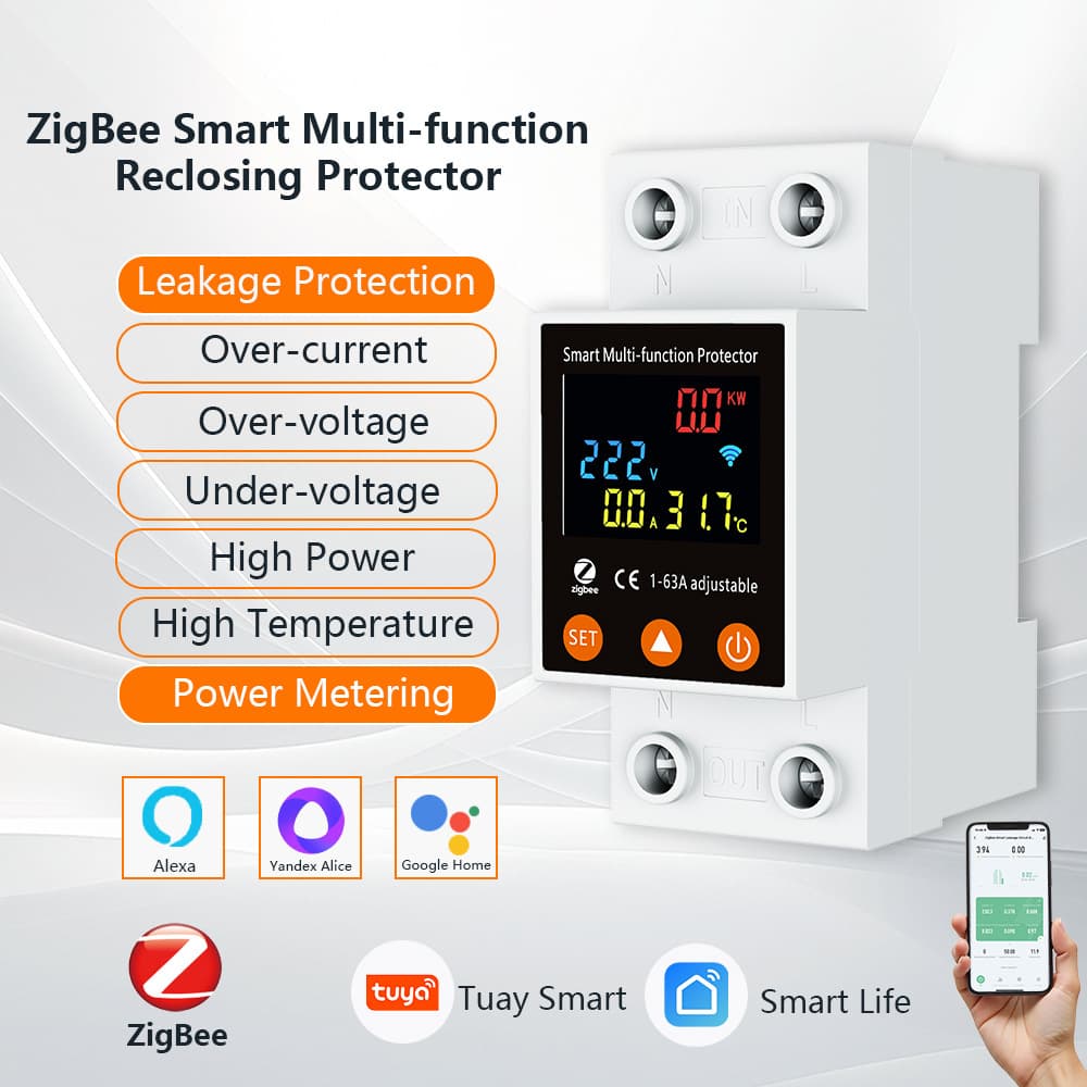 ZigBee Tuya Smart Bidirectional Metering Leakage Protection Reclosing Protector APP Timer Overcurrent Overvoltage Circuit Breaker