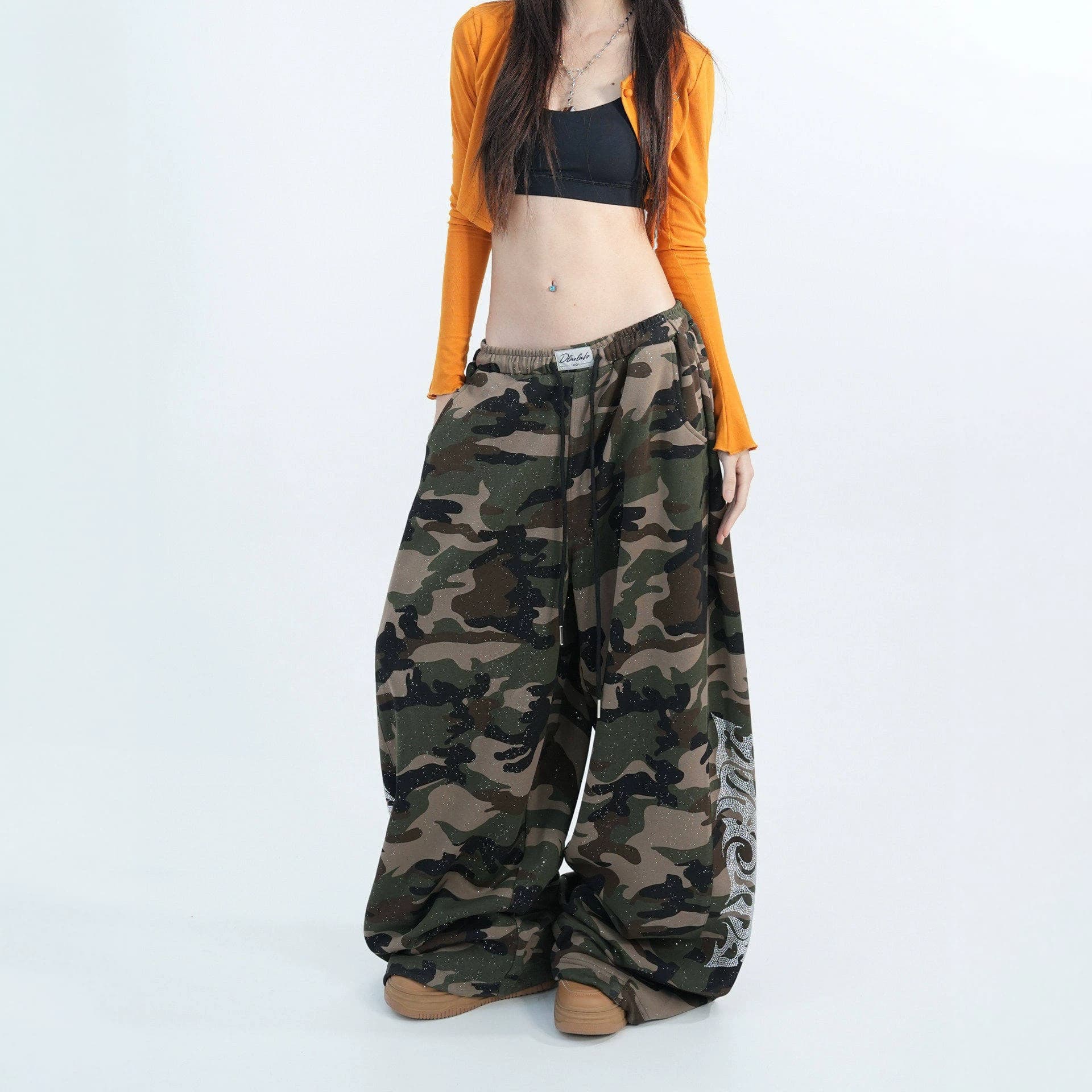American Retro Jazz Dance Super Shiny Rhinestone Camouflage Sweatpants Unisex Casual Slimming Loose Wide-Leg Floor-Length Pants