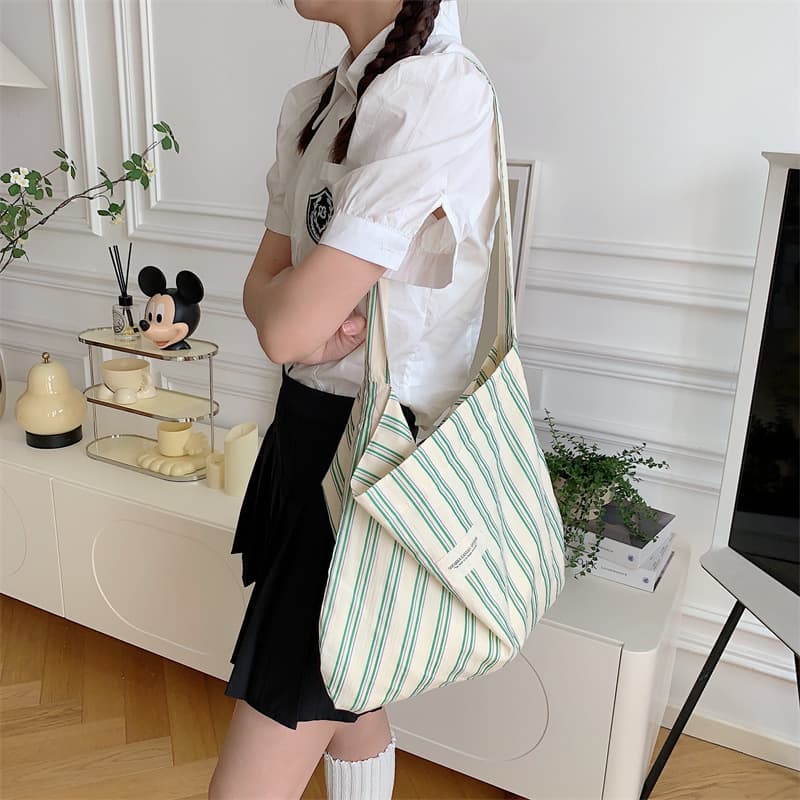 13165 Japanese Striped Shoulder Bag Large Capacity Underarm Bag Canvas Bag Women Work Bag Student Crossbody Bag