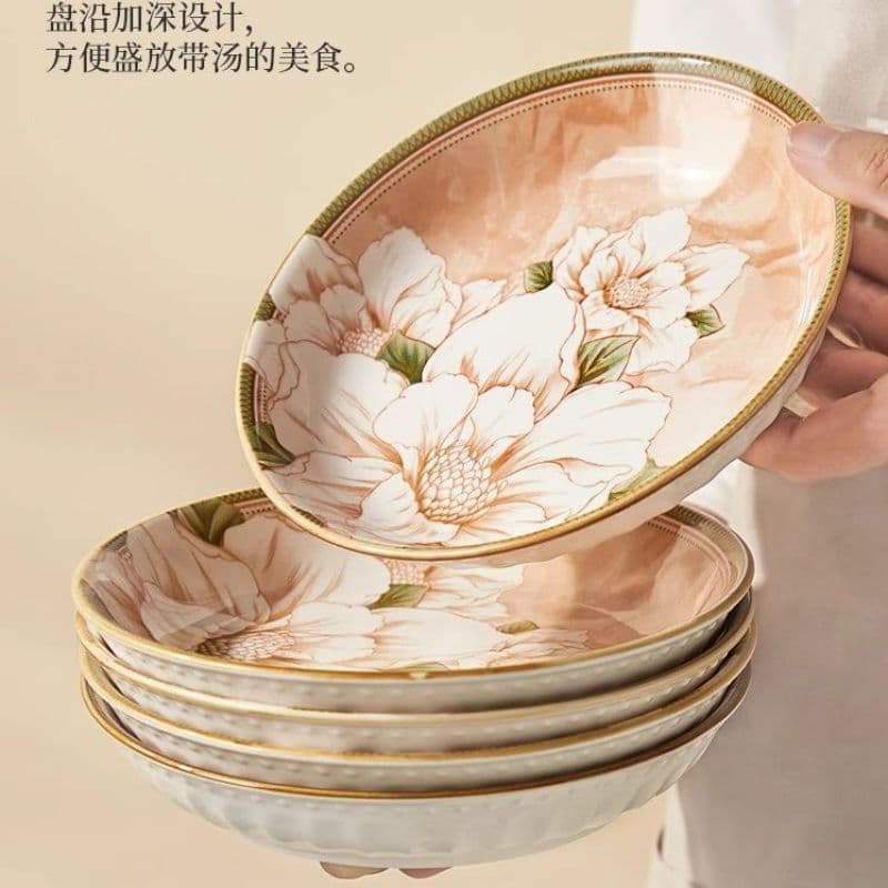 New light luxury camellia Nordic tableware plate high-value dish plate household ceramic dinner plate complete set