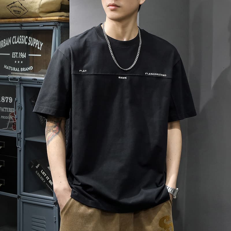 Letter Embroidery American Style Short Sleeve T-Shirt for Men Summer Loose Fit Round Neck Casual Top Versatile