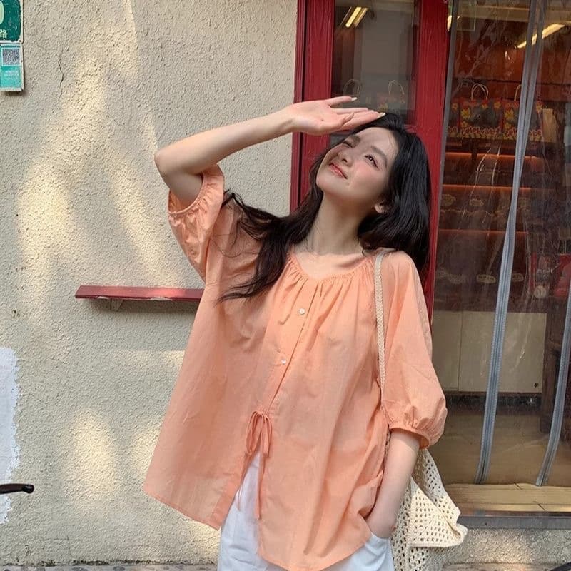 Miding Orange Lightweight Short-Sleeve Blouse for Women, Summer Unique Pretty Top, French Lazy Relaxed Style French Top