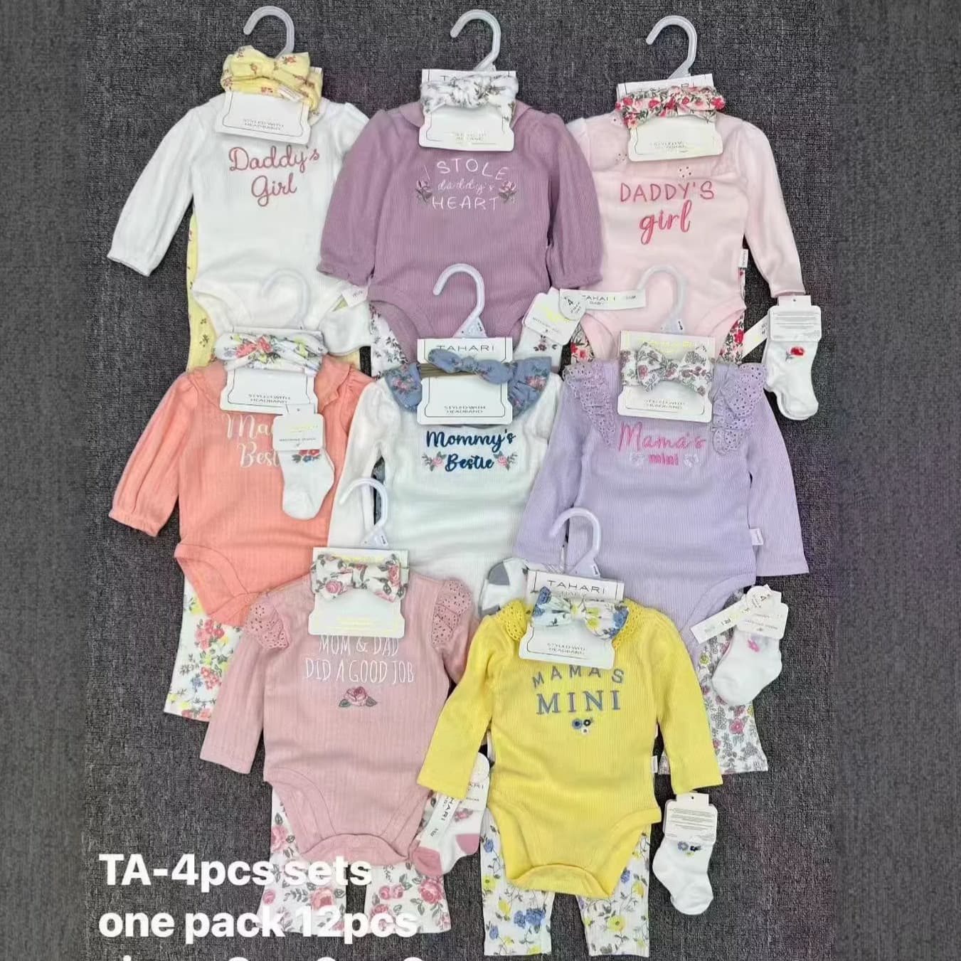 New Cross-Border Wholesale Baby Girl Long-Sleeve Romper with Lace Sleeves, Newborn Four-Piece Set, Doll-Style Crawling Suit with Letter Embroidery