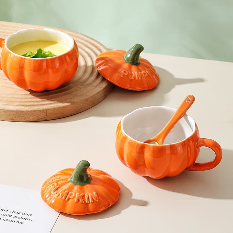 Cute Large Ceramic Pumpkin Mug, Milk Oatmeal Breakfast Cup for Women, Instant Noodle Steamed Egg Bowl with Lid and Spoon