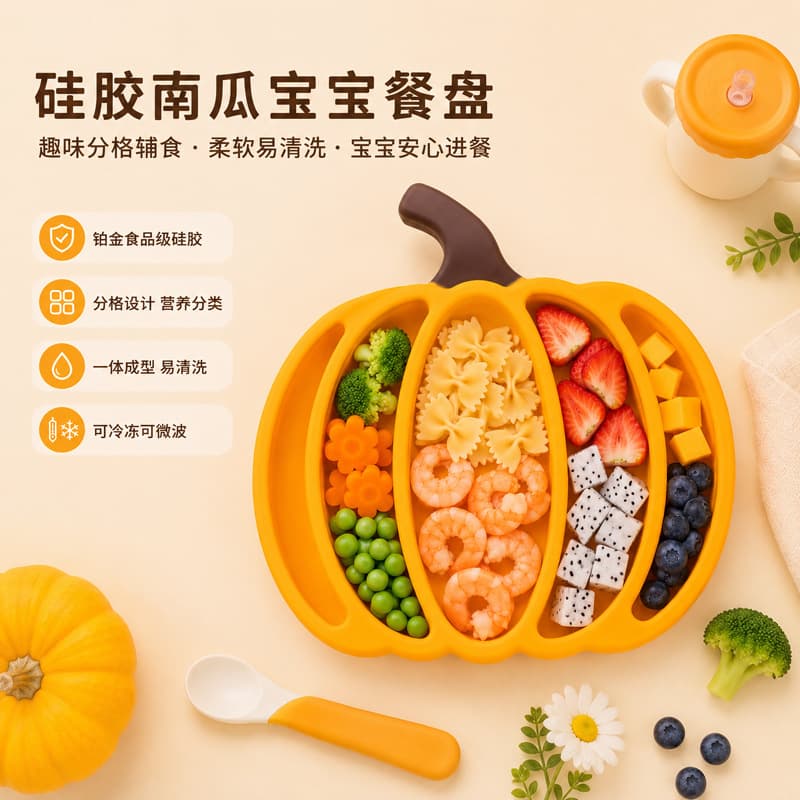 Cross-border Baby Silicone Pumpkin Plate, Baby Self-Feeding Training Plate, Anti-Drop Divided Plate
