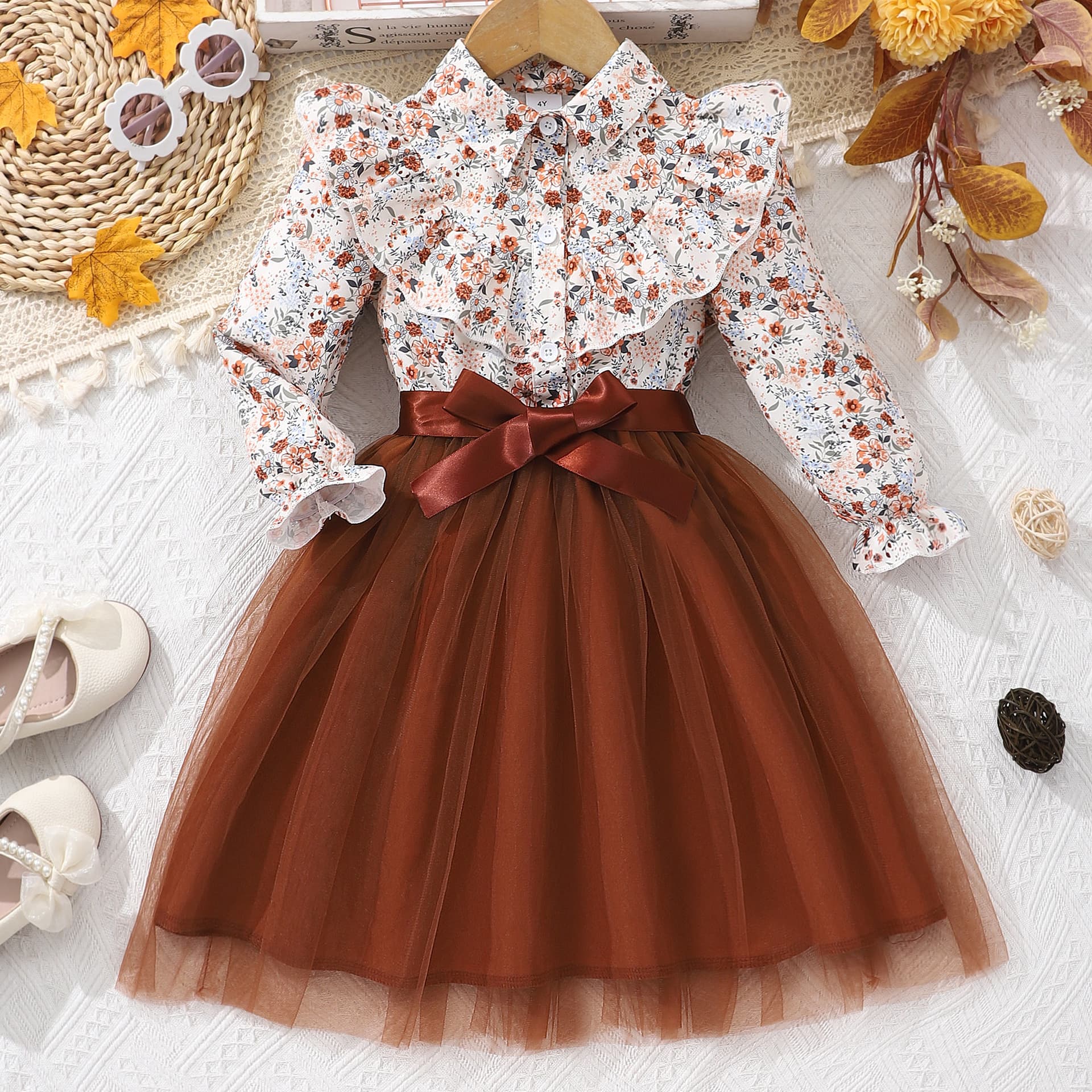 Girls 2-12 Years Old Long-Sleeved Lapel Floral Mesh Dress for Children and Middle-Aged Children Princess Dress with Woven Belt New Spring