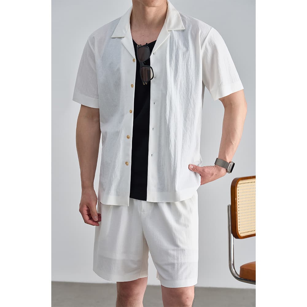Old Money Summer Cotton Linen Stretch Shirt for Men Cuban Collar Linen Cotton Blend Short Sleeve Casual Vacation Style