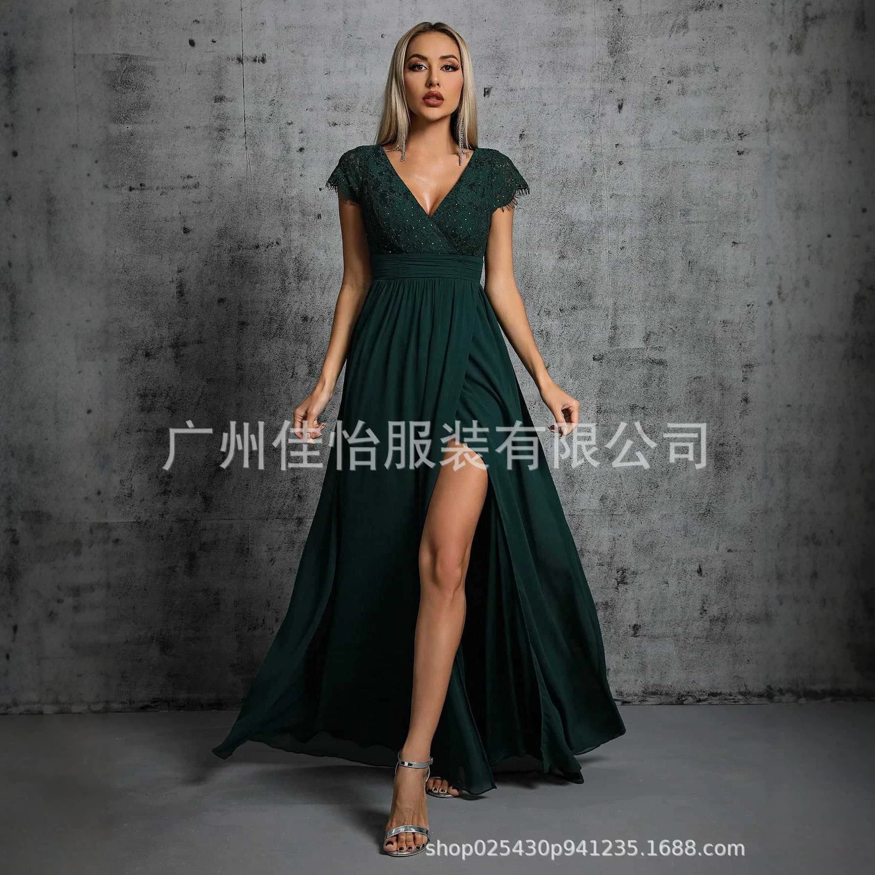 Amazon Cross-border V-neck Fashion Women's Dress 2026 New Annual Party Ball Slit Slim Evening Dress for Women