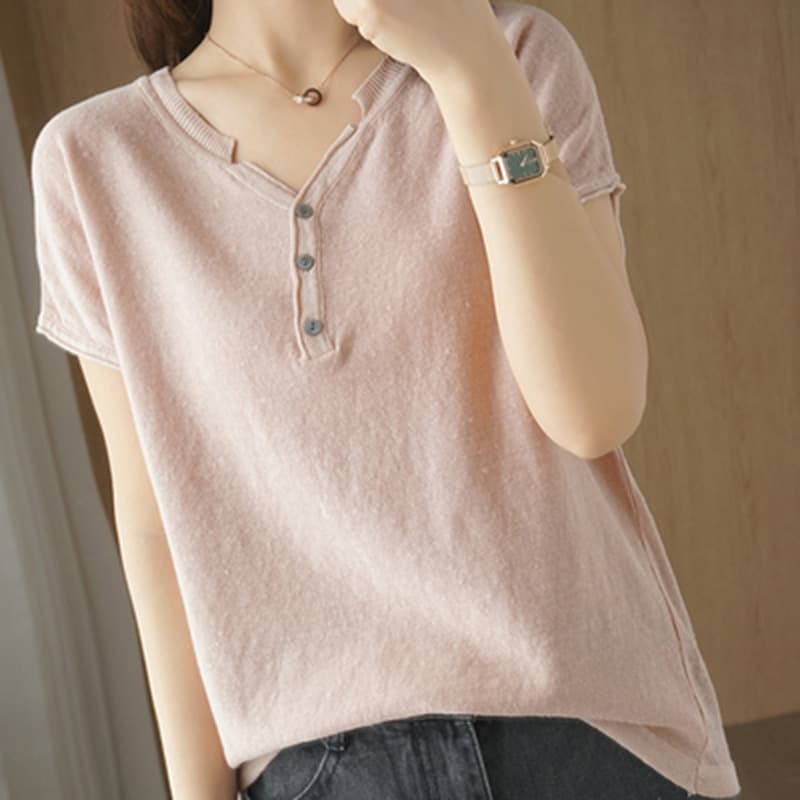 Summer New Cotton Linen V-Neck Knitted Short-Sleeve T-Shirt for Women, Loose Short-Sleeve Button-Up Top, 100% Cotton, Outerwear