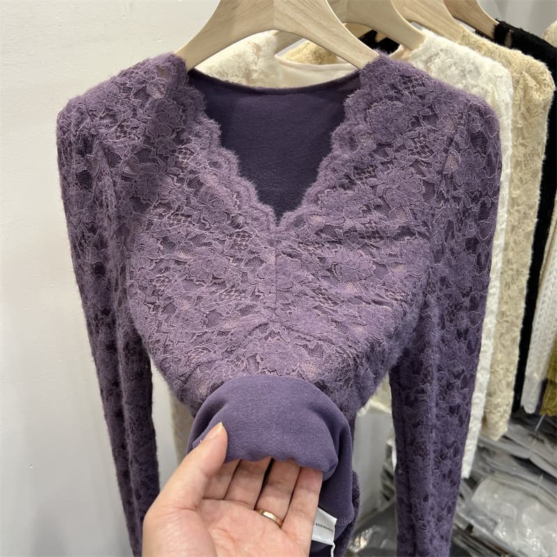 Waist-Cinching Mesh Top Fur Autumn & Winter Fleece-Lined Underlay Shirt for Women Inner Layer Thickened Puff Sleeve Low Neck V-Neck Lace