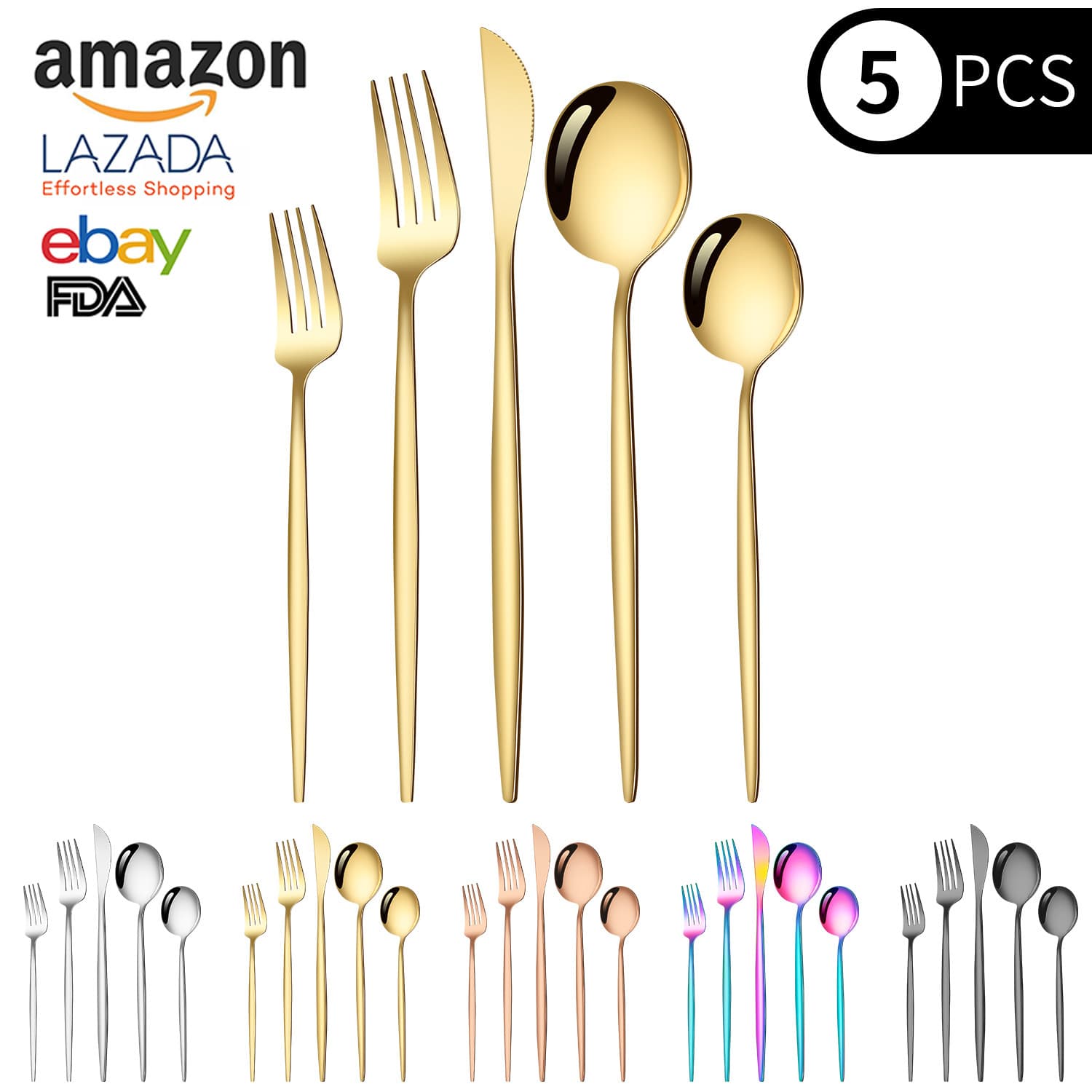 Cross-border Amazon Stainless Steel Portuguese Cutlery Knife Fork Spoon Set Western Dining Gold Steak Knife Fork Spoon