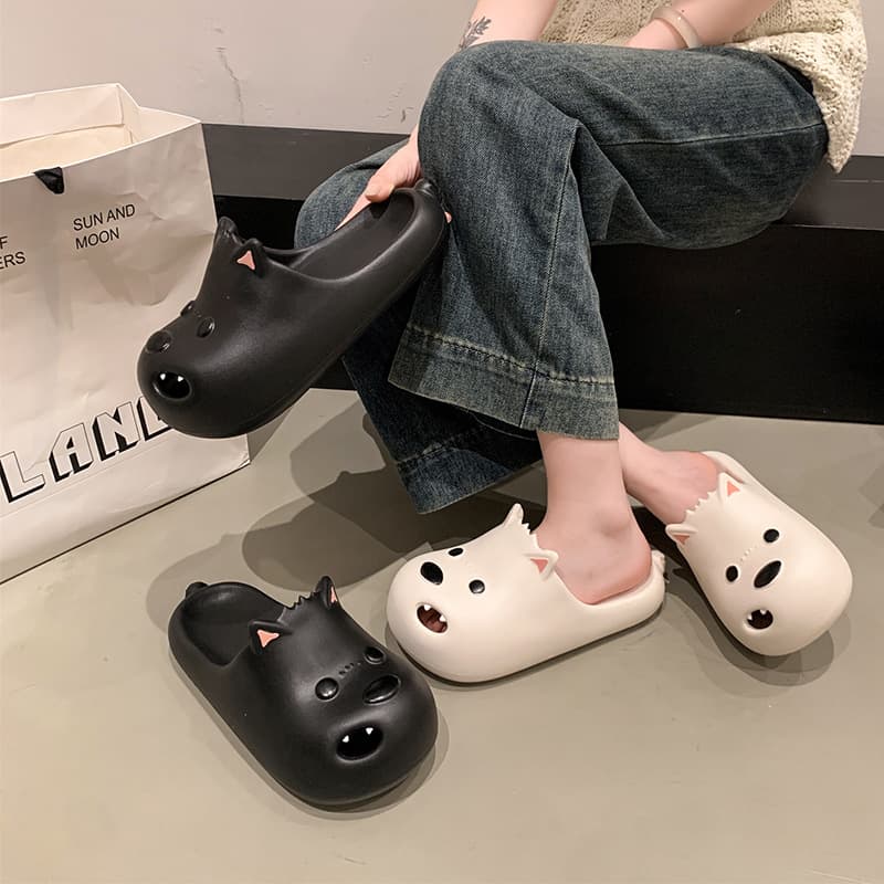 Comfortable Cartoon Dog Head Slippers Women's Slip-On Shoes Anti-Odor Easy to Wear Outdoor Rubber Bottom Ladies Slippers