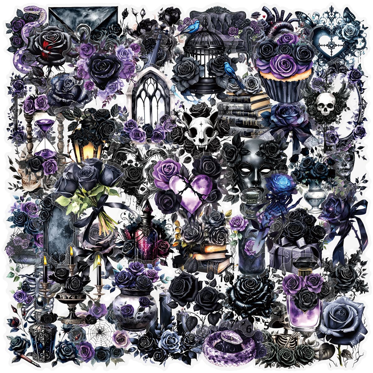 50 Gothic Black Rose Stickers for Cups, Phones, Guitars, and Journals - Double-Sided Transparent PET Material Waterproof Decals