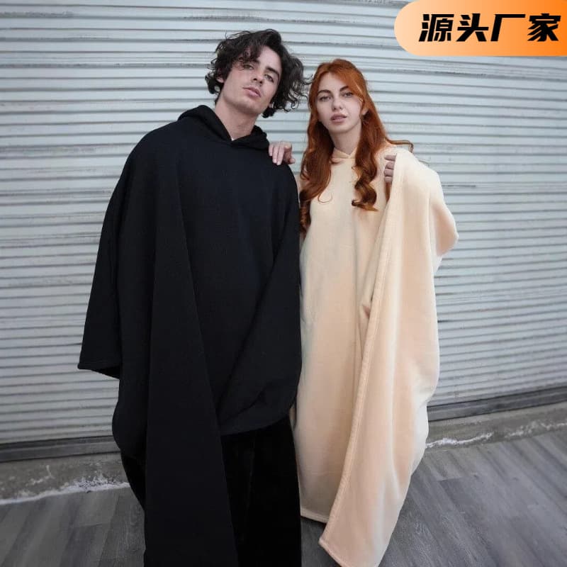 2026 Cross-Border European and American Autumn Winter In-Stock Punk Loose Hooded Buttoned Woolen Cape Top Unisex Style
