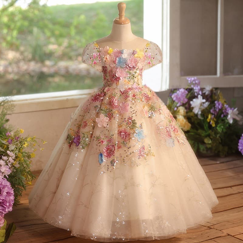 Children's Runway Dress with 3D Floral Design, Girls' Piano Performance Outfit, Birthday Party Flower Girl Princess Dress