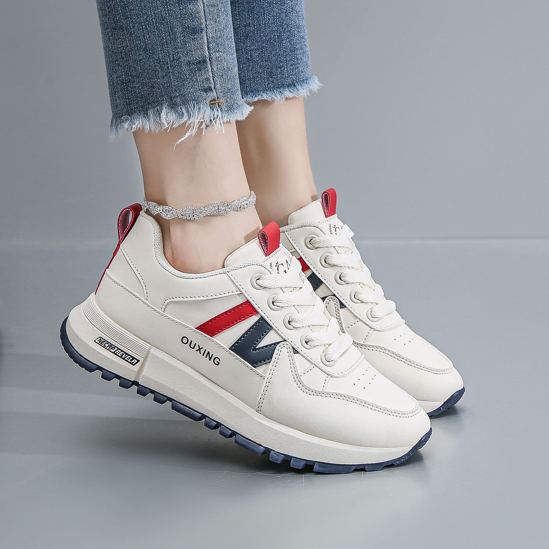 Cross-border Leather Sports Shoes for Women 2025 Spring and Autumn New Lightweight Non-slip Running Shoes Versatile Casual White Shoes for Women