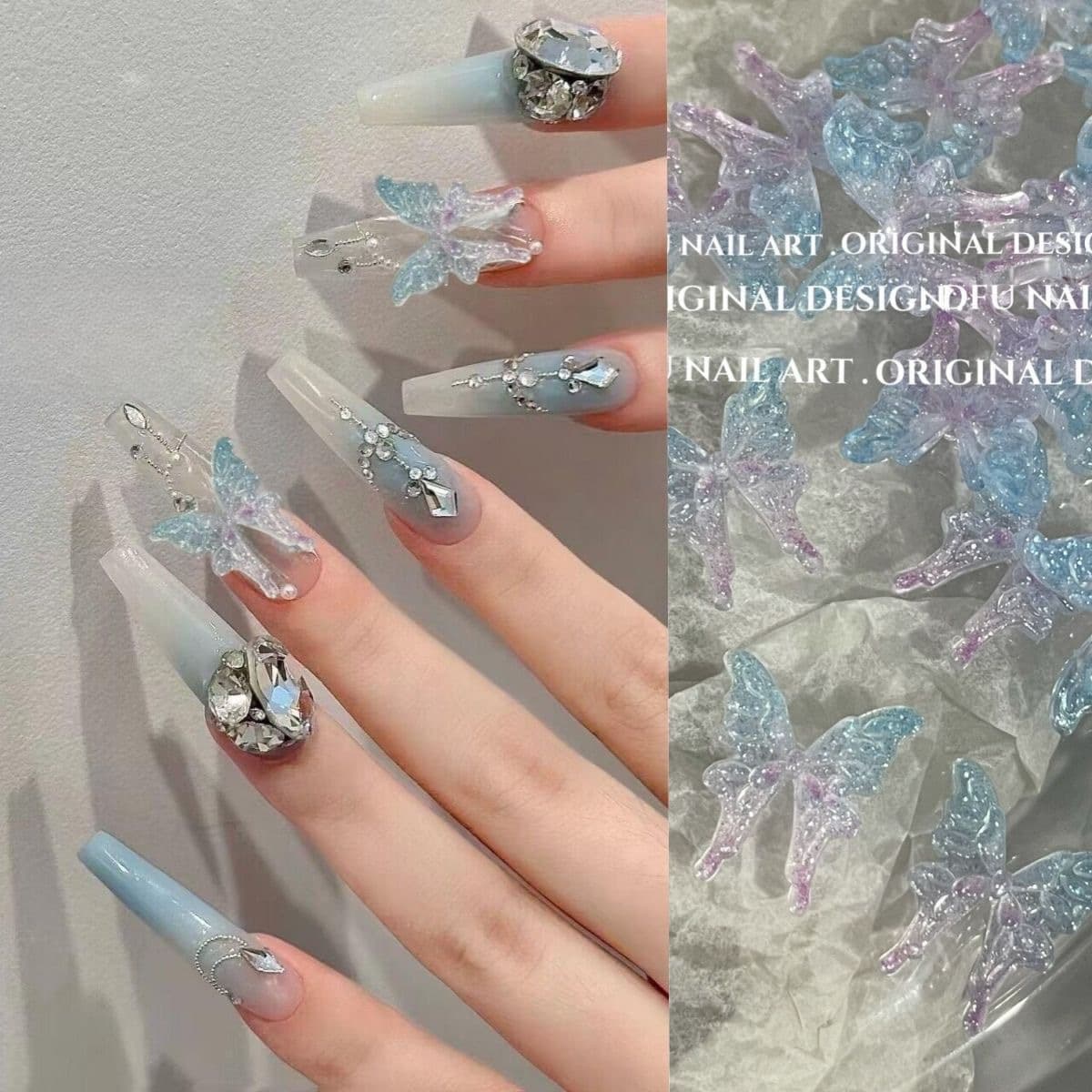 Trendy Gradient Liquid Butterfly Nail Art Decoration, Ethereal Colorful Ice-Transparent Butterfly Nail Accessories