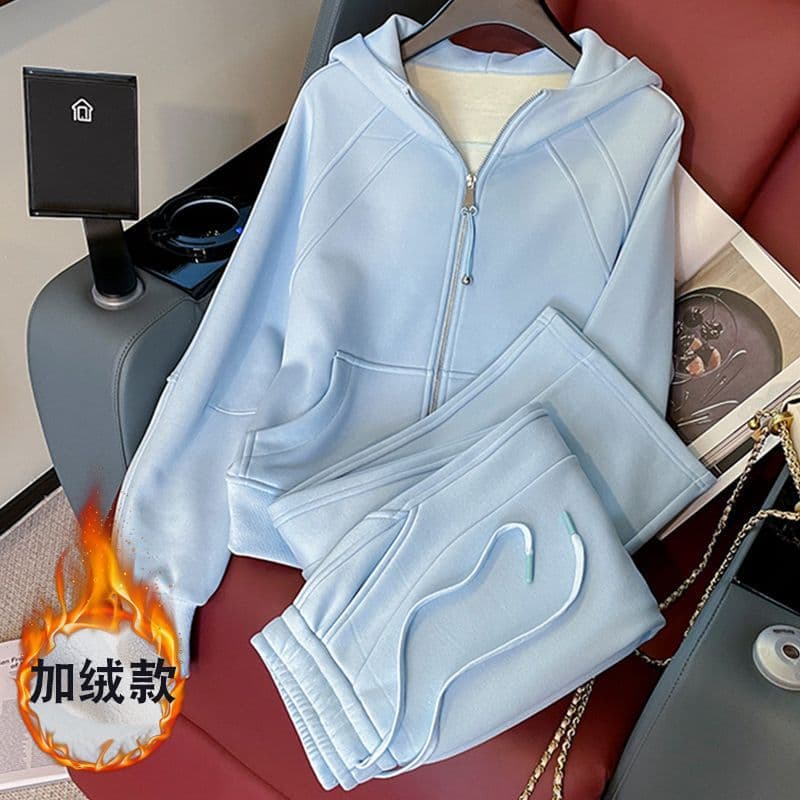Women's Casual Sportswear Set, Autumn/Winter Fleece-Lined Blue Hoodie and Wide-Leg Pants Two-Piece Set
