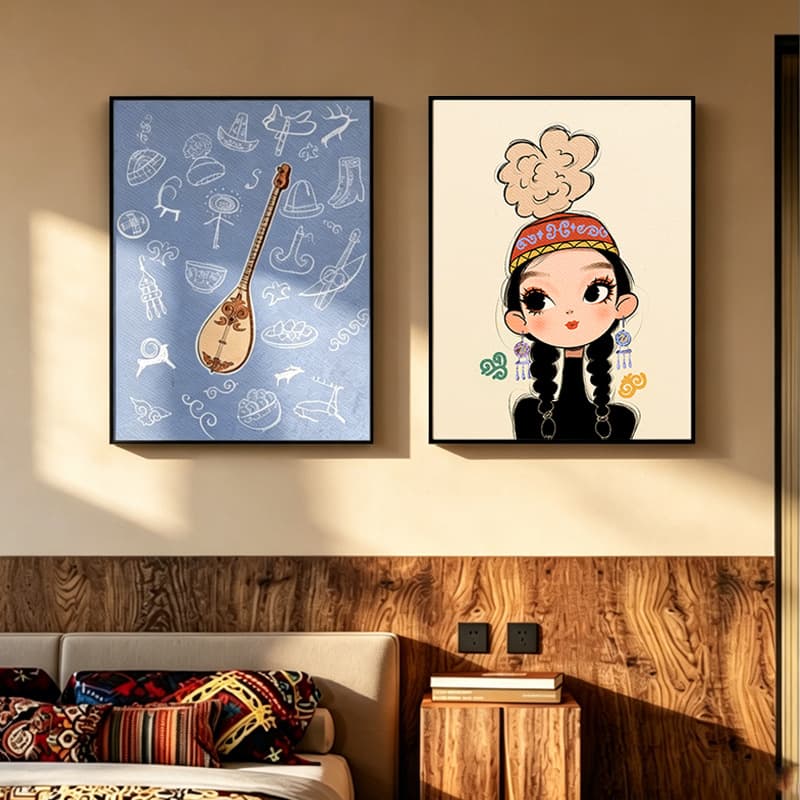 Dopamine Mongolian Girl Decorative Painting, Healing Cartoon Bedroom Headboard Wall Art, Ins Style Desktop Decoration