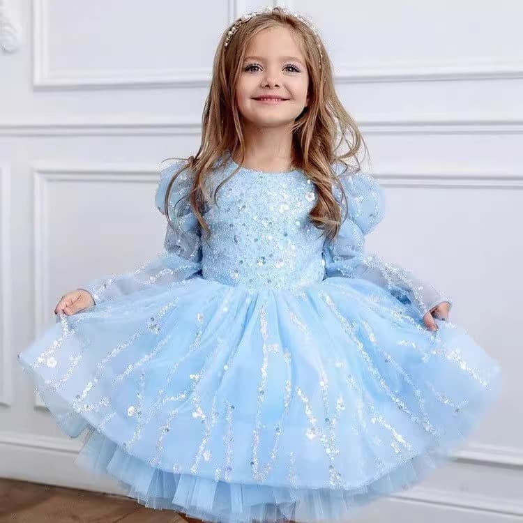 Girls light blue dress skirt Frozen princess dress sequined tutu skirt birthday piano hosting performance costume autumn