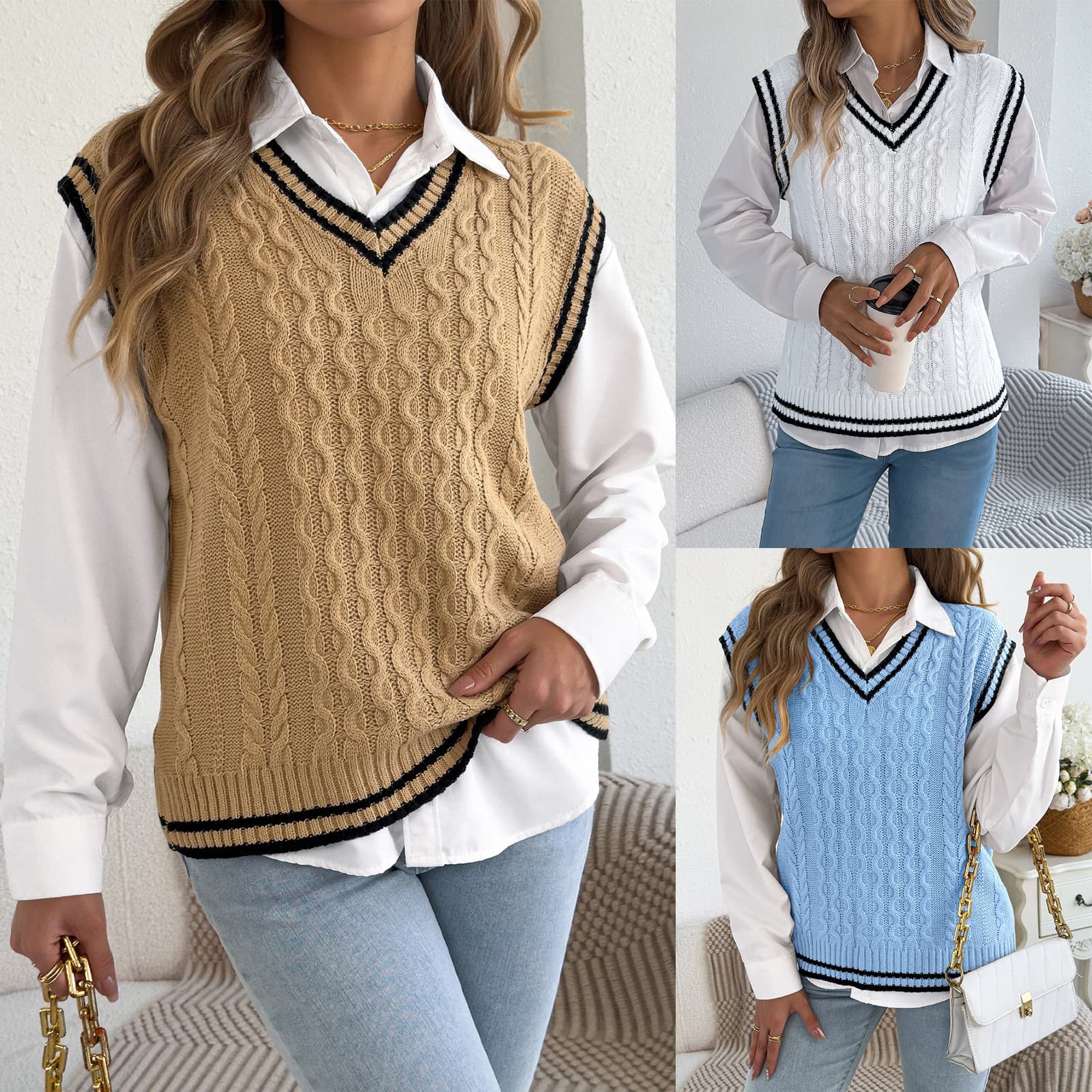 Actual Photo 2026 Fall/Winter European and American Preppy Contrast V-Neck Cable Knit Sleeveless Vest Sweater Independent Station Cross-border Women's Clothing