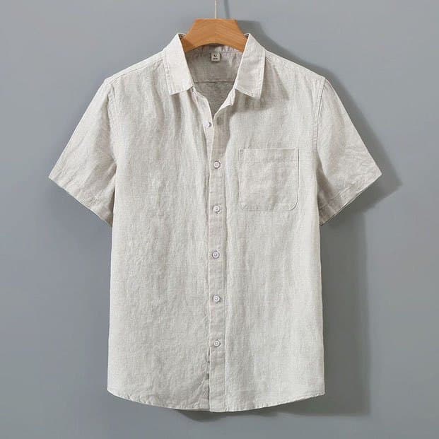 Summer Men's Linen Shirt Thin Short Sleeve Loose Fit Casual Cotton Linen Top Fashionable Urban Style Double Layer Collar