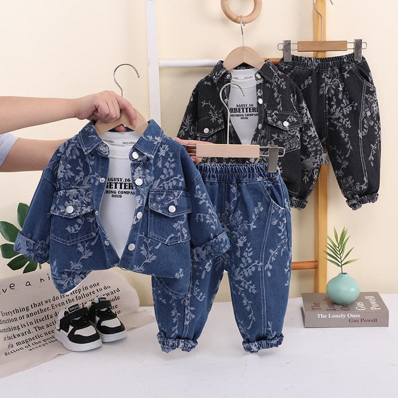 2026 New Boys Leaf Denim Three-Piece Set Fashionable Clothes Autumn Cool Trendy Baby Fall Outfit Set Wholesale
