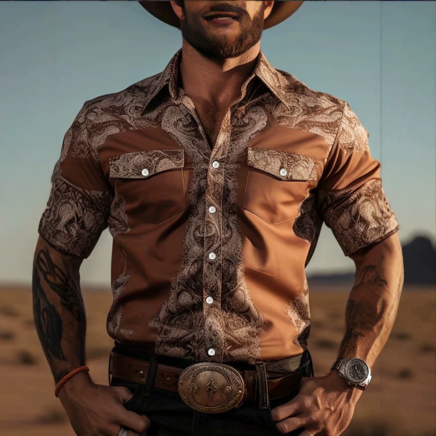Cross-Border Spring/Autumn Men's Fashion 3D Digital Print Shirt American Western Cowboy Style Loose Double Pocket Long Sleeve Shirt