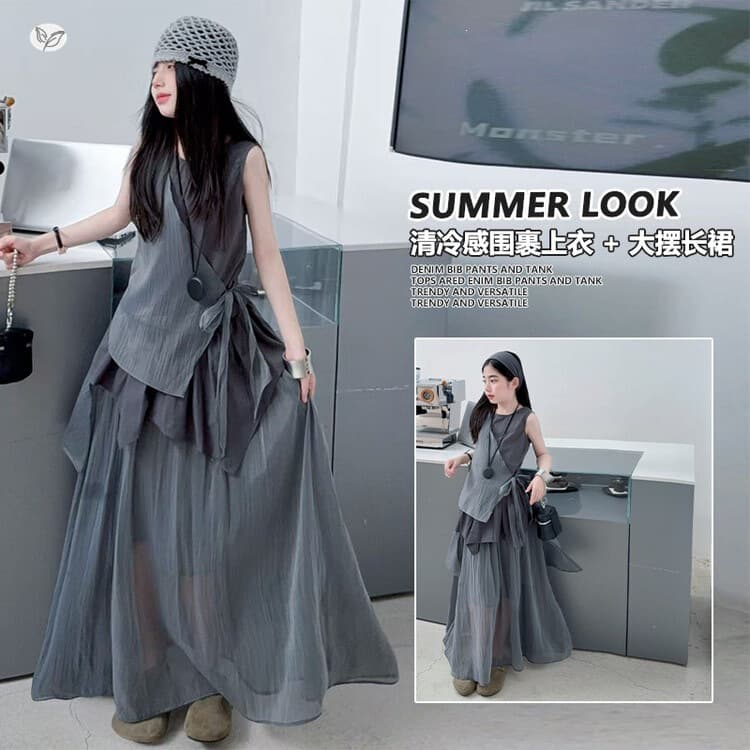 Girls Korean suit 2026 new summer style medium and large children's sleeveless lace-up waist vest large skirt skirt long skirt