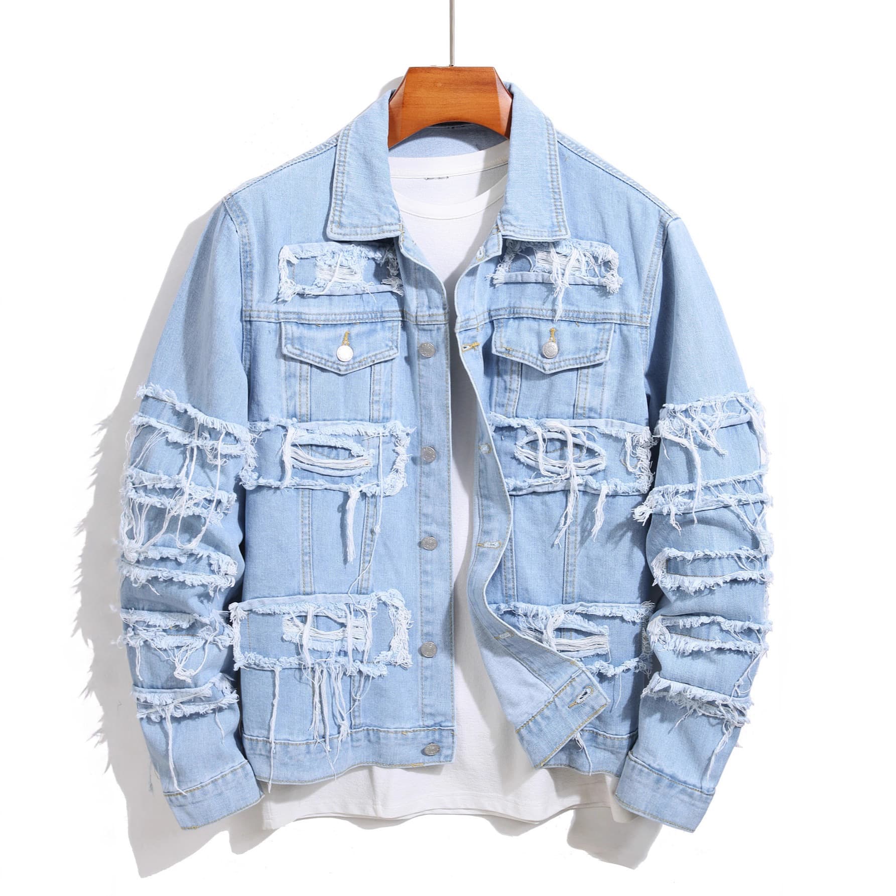 Men's Ripped Denim Jacket Slim Fit Jean Outerwear