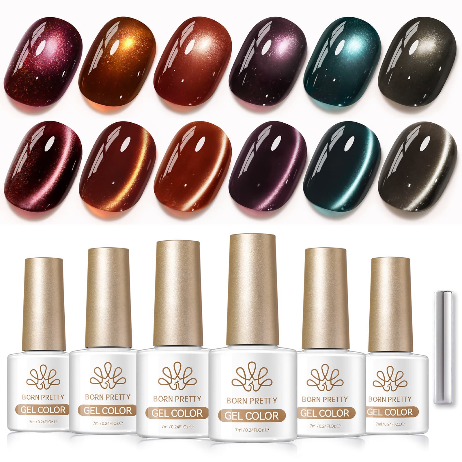 BORN PRETTY Cross-border Nail Art 6-Color Autumn/Winter Glass Bead Cat Eye Gel Set 7ml Sparkling Magnetic Nail Polish