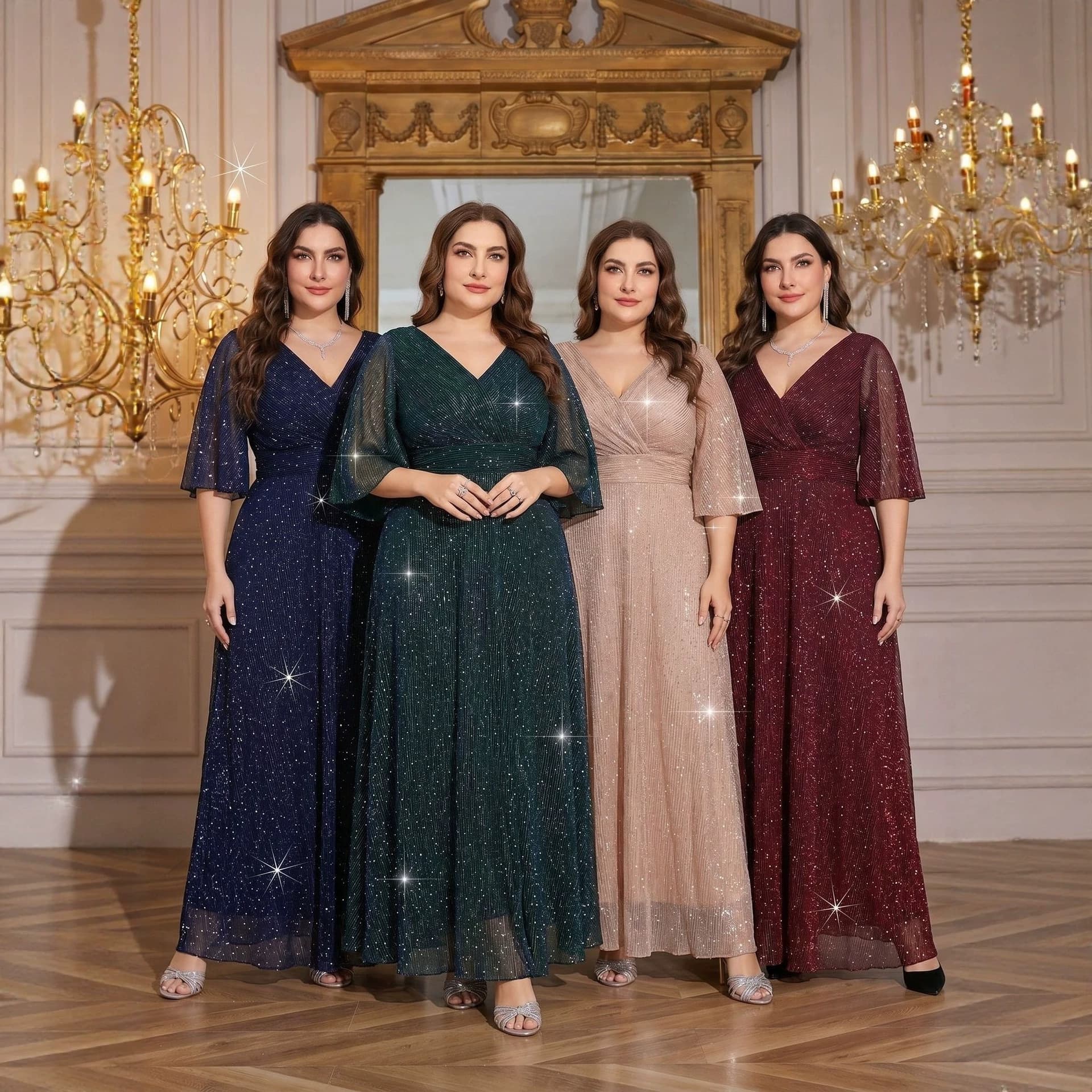 V-Neck Waist-Tie Short Sleeve Shiny Sequined Iridescent Evening Dress Cross-Border Plus Size Women's Clothing for Plus Size Women and Bridesmaid Dresses