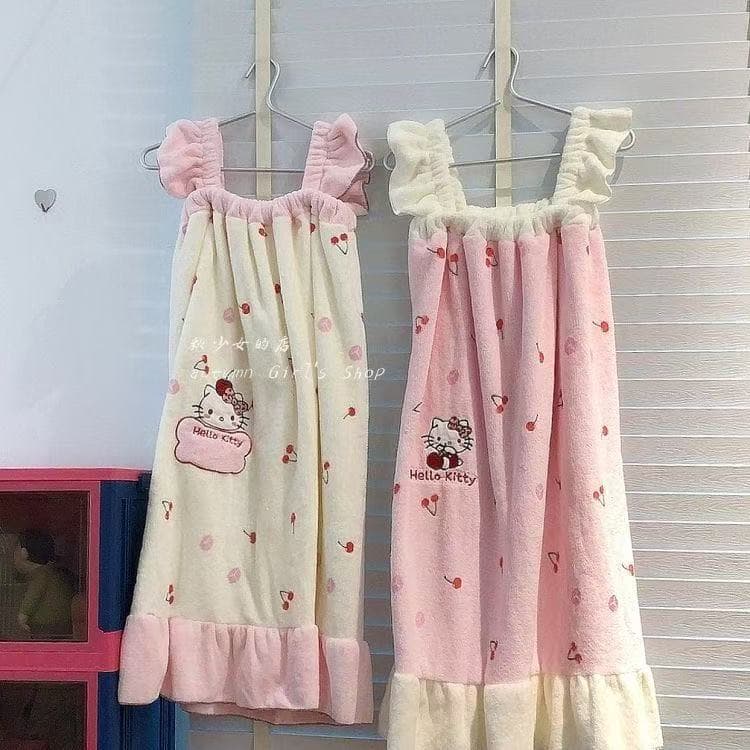 Cherry Hello Kitty Bathrobe Coral Fleece Wearable Wrap Towel Student Sleep Dress Kitty Cat Bathrobe Style