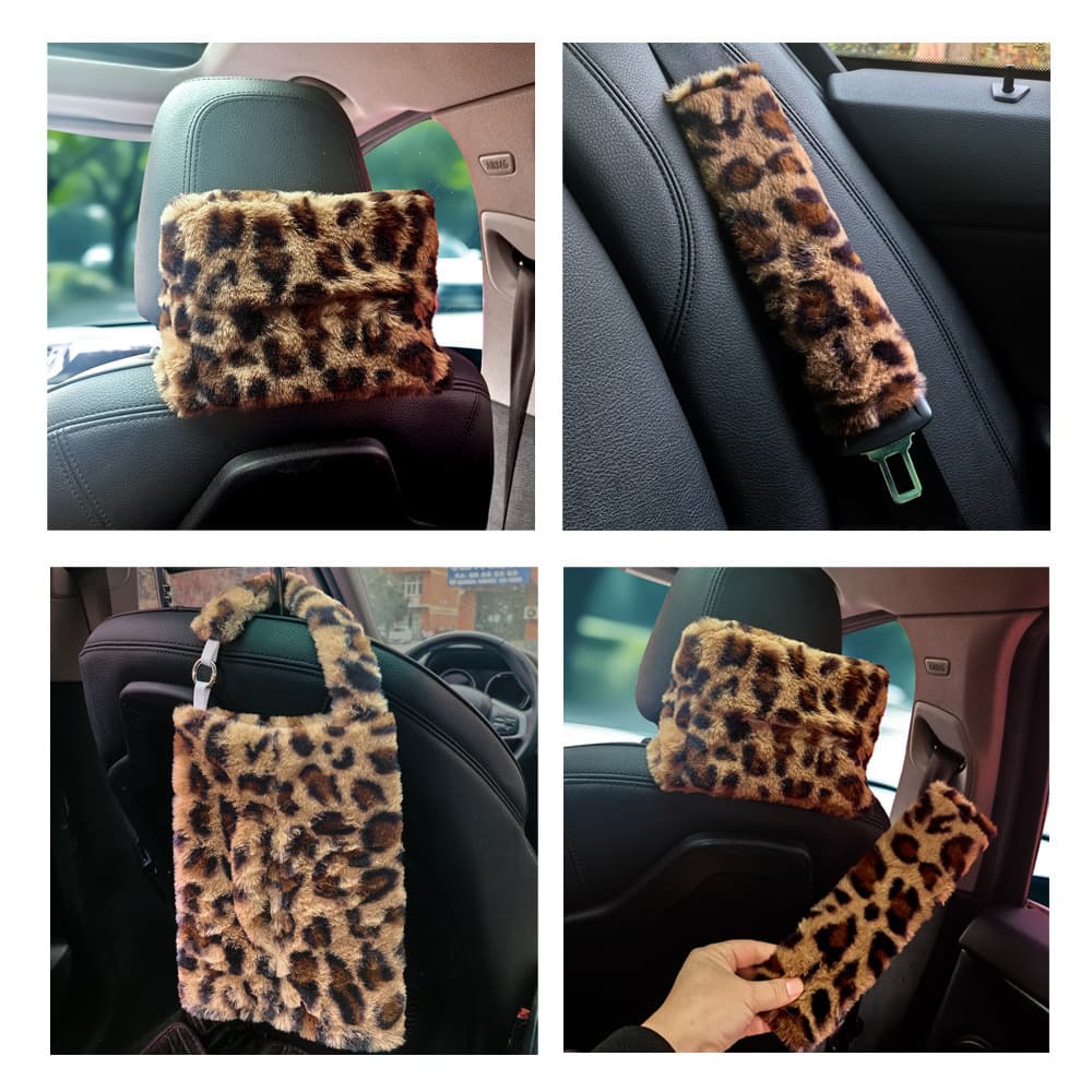 Plush Leopard Print Car Tissue Box, Stylish Car Hanging Tissue Box, Creative Car Interior Accessory Tissue Dispenser