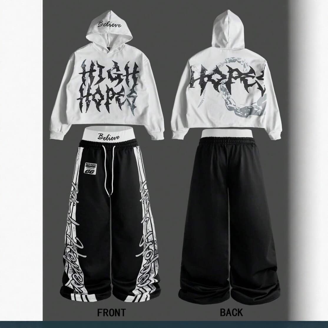 Gothic style hoodie two-piece set with letter print elastic waist heavyweight loose casual men's pullover sweatshirt wholesale