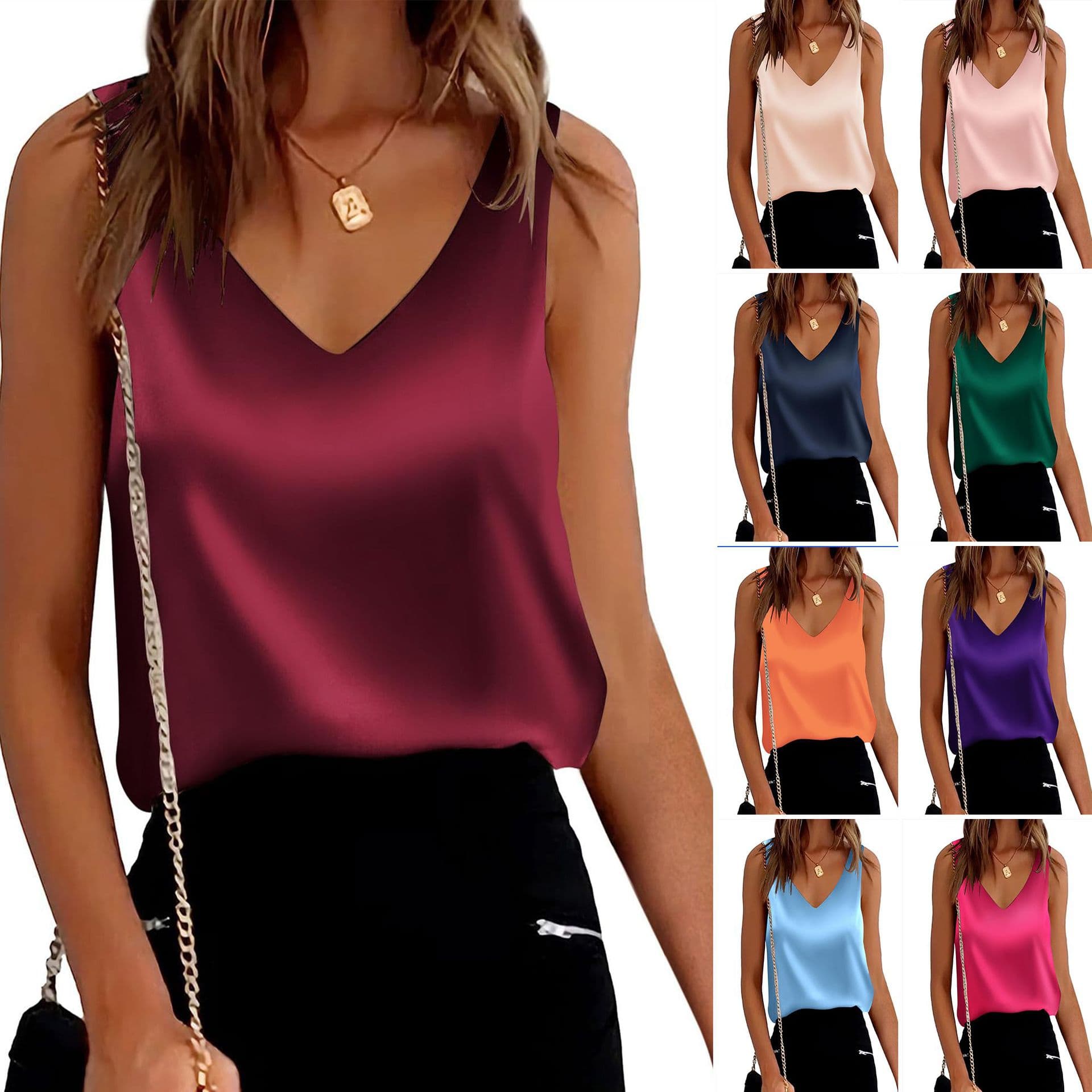 2026 Amazon Hot-Selling Women's Sleeveless Satin V-Neck Loose Solid Color Tank Top for European and American Cross-Border Markets