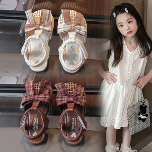 2026 Summer Kids Shoes Cute Plaid Bow Little Girl Princess Shoes Toe-covered Woven Toddler Anti-collision Sandals