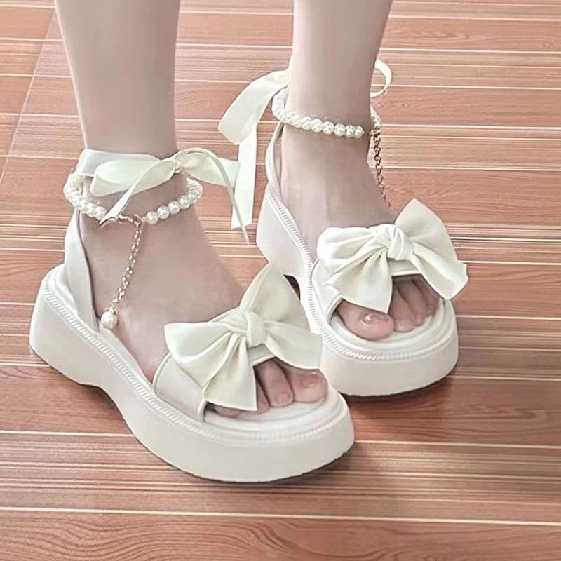 Korean Princess Holiday Sandals Women's Summer 2023 New Bow Thick Heel Fairy Style Roman Shoes for Dresses