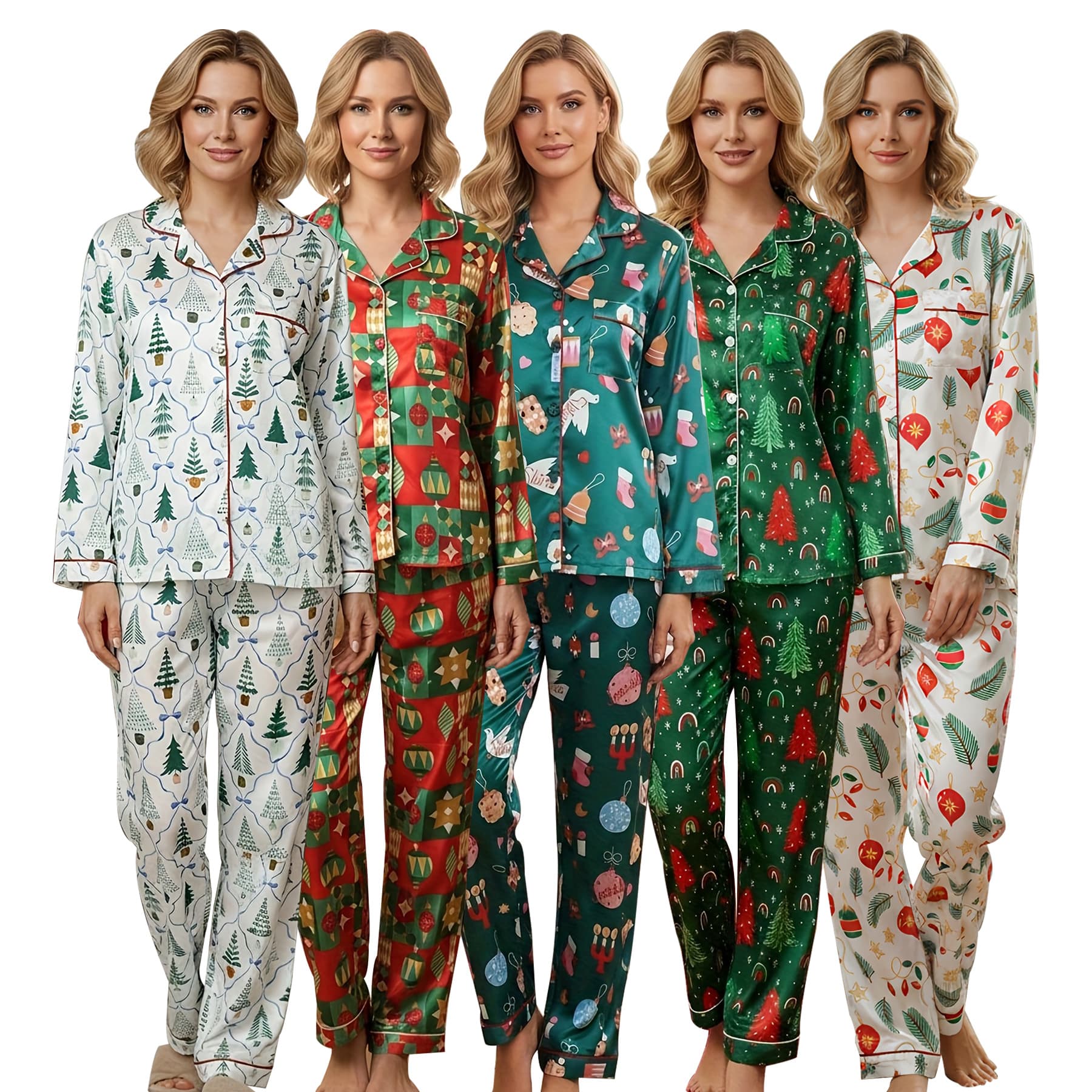 Christmas Pajamas Cross-border Christmas Cardigan Silk-like Sleepwear Set New Year Satin Homewear